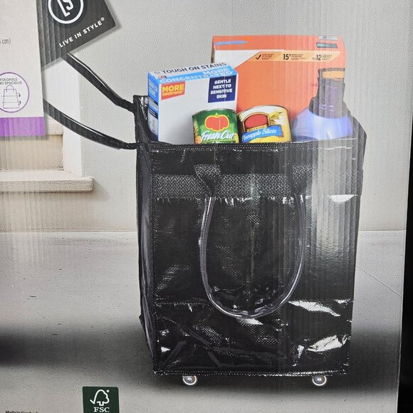 Aldi Black 22" Foldable Rolling Tote Shopping Bag Wheels Grocery Cart Dupe Pull - Picture 7 of 10